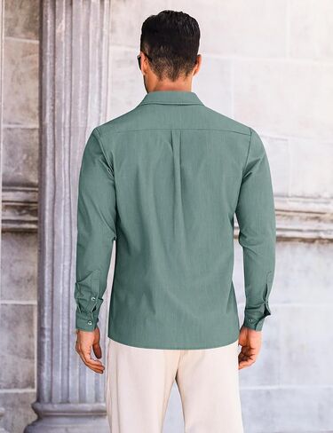 Letsee mens زر غير رسمي لأسفل قميص غير محظور طويل الأكمام الدنيم قميص قميص فستان خالٍ من التجاعيد in Kuwait