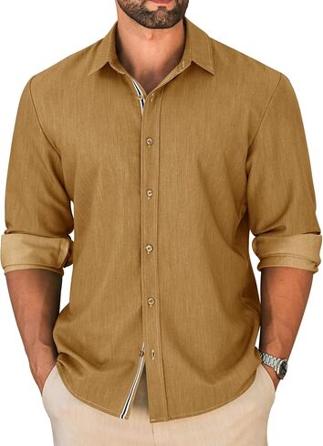Letsee mens زر غير رسمي لأسفل قميص غير محظور طويل الأكمام الدنيم قميص قميص فستان خالٍ من التجاعيد in Kuwait