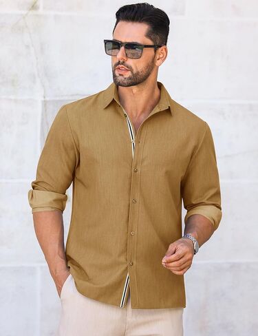 Letsee mens زر غير رسمي لأسفل قميص غير محظور طويل الأكمام الدنيم قميص قميص فستان خالٍ من التجاعيد in Kuwait