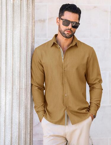 Letsee mens زر غير رسمي لأسفل قميص غير محظور طويل الأكمام الدنيم قميص قميص فستان خالٍ من التجاعيد in Kuwait