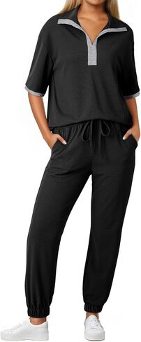 Dokotoo 2 Piece Sets for Women Summer Lapel V Neck Short Sleeve Tops Long Pants Tracksuit Lounge Jogger Set with Pockets in Saudi Arabia