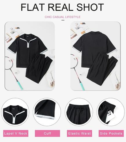 Dokotoo 2 Piece Sets for Women Summer Lapel V Neck Short Sleeve Tops Long Pants Tracksuit Lounge Jogger Set with Pockets in Saudi Arabia
