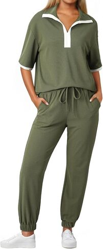 Dokotoo 2 Piece Sets for Women Summer Lapel V Neck Short Sleeve Tops Long Pants Tracksuit Lounge Jogger Set with Pockets in Kuwait