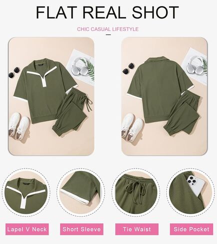 Dokotoo 2 Piece Sets for Women Summer Lapel V Neck Short Sleeve Tops Long Pants Tracksuit Lounge Jogger Set with Pockets in Kuwait