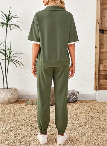 Dokotoo 2 Piece Sets for Women Summer Lapel V Neck Short Sleeve Tops Long Pants Tracksuit Lounge Jogger Set with Pockets in Kuwait