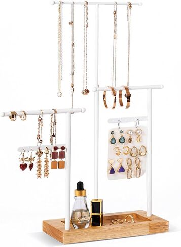 ProCase قلادة منظم حامل منظم المجوهرات، 3 طبقات ارتفاع قابل للتعديل حامل قلادة عرض لقلائد طويلة جدًا، حامل سوار حامل المجوهرات مع حامل قرط صينية خشبية - أبيض in Kuwait