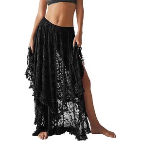 ROJZR Womens Lace Long Skirts Elastic High Low Asymmetrical Layered Hem Sexy See-Through Maxi Skirts Sheer Flowy Beach