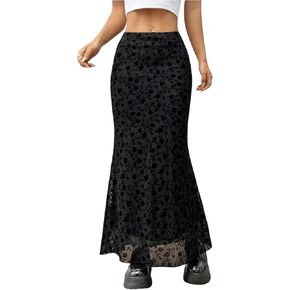 Milumia Women Vintage Fuloral Mesh Mesh Skirt تنورة منخفضة الارتفاع الطويلة