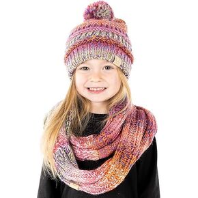 Funky Junque Matching 2 Pack Kids Pom Beanie Hat & Scarf Bundle - POM - Multi Rose Mix