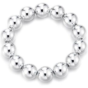 COOLSTEELANDBEYOND Womens Large Beaded Bracelet, Polished Silver Round Beads Stretchable Elastic, Fashion Everyday Wear