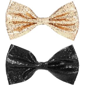 Lusofie 2Pcs Bow Tie, Pre-tied Adjustable Length Mens Bow Tie Sequin Glitter Neck Bowtie for Party Banquet Wedding(Gold, Black)