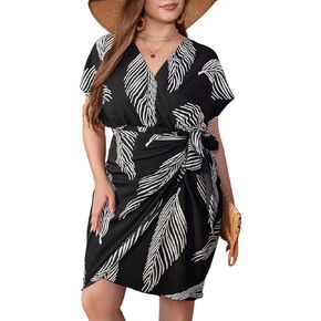 SOLY HUX Women's Plus Size Leaf Print Dress V Neck Wrap Tie Side Short Sleeve Boho Short Dresses