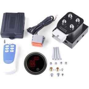 12V Solenoid Valve Air Ride Suspension manifold 4-Valve With Convenient Remote Controller 0-200psi, equipped with two display air pressure gauge