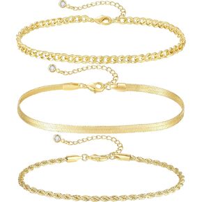 XIANNVXI Gold Anklets for Women 3Pcs Anklet Jewelry Waterproof 14K Gold Ankle Stack Anklet for Women Waterproof Gold Summer Bracelets Non Tarnish Cuban Link Anklets
