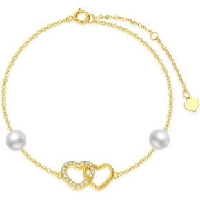 SISGEM 10k Gold Created Moissanite Double Heart Anklets for Women, love Ankle Bracelet Jewelry Gifts for Her, 9.4"+0.8"+0.8"