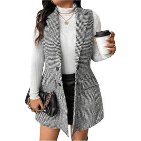 MakeMeChic Women's Plus Size Tweed Coat Houndstooth Print Lapel Neck Single Breasted Vest Outerwear