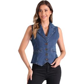 Allegra K Denim Waistcoat for Women's Sleeveless Jackets Button Closure Notched Lapel Vest