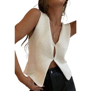 Women Y2k Crochet Knit Vest Top Button Down Tie Front Tops Crochet Sweater Vest Sleeveless Crop Top Streetwear