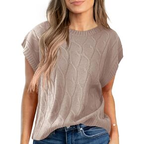 Saodimallsu Womens Cap Sleeve Sweater Tops Cable Knit Crew Neck Summer Lightweight Oversized Loose Vest Top