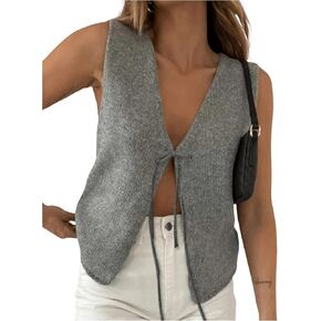 MakeMeChic Women's V Neck Tie Front Tank Tops Sleeveless Knitted Cropped Sweater Vest