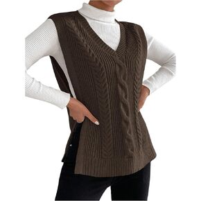 Verdusa Women's Split Hem V Neck Sleeveless Knit Pullover Sweater Vest