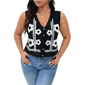Verdusa Women's Plus Size Button Down V Neck Sleeveless Floral Knit Sweater Vest