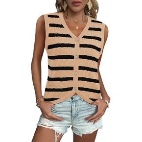 Womens Cable Knit Sweater Vest Trendy Striped Crochet Tank Top V Neck Sleeveless Button Down Shirts Khaki&Black XL