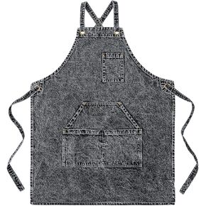 Cotton Denim Apron Soft - Unisex Adjustable Bib Apron with 5-Pockets Perfect for Kitchens