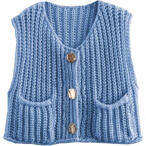 Women's Chunky Cropped Sweater Vest Sleeveless Button Down Trendy Cardigan Knit Crop Tops with Pockets