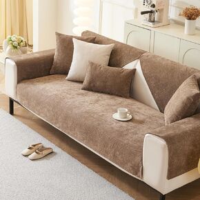 Plush Sofa Cover Washable, Non-Slip Couch Covers, Pet Friendly Couch Mats, Soft Chenille Sofa Covers for Living Room(Khaki/36''x70''/3-Seater Sofa Cover)