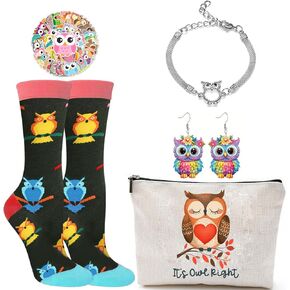 Owl Gifts for Women, 5pcs Gift Set for Owl Lovers, Owls Birthday Presents with Socks,Make Up Bag,50pcs Stickers
