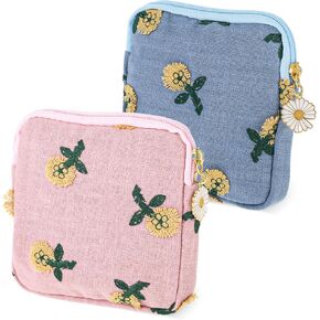 Daisies Sanitary Napkin Storage Bag, 2 Pcs Embroidery Menstrual Cup Pouch Cotton Soft Period Holder Bag Portable Tampon Holder Pad Pouch Period Kit Bag for Women Teen Girls (Blue+Pink)