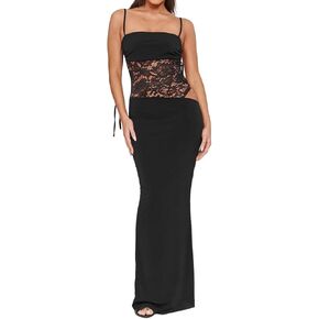 Women's Lace Splicing Cutout Maxi Dress Square Neck Sleeveless Bodycon Long Dress with Sheer Corset