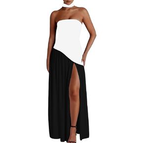 Famnbro Womens Tube Dress Strapless Sexy Off Shoulder Side Slit Going Out Casual Elegant Club Party Maxi Dresses
