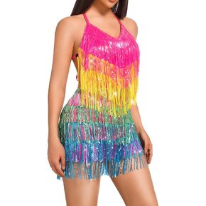 Kaei&Shi Sequin Fringe Dress,Backless Sexy Rompers For Women Clubwear,Sparkly Dance Outfits Rave Festival Concert Disco