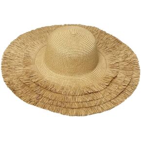 Brown Tassel Straw Hat for Women Foldable Sunshade Beach Hat Retro Vacation Woven Large Brim Sun Hats