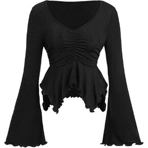 GORGLITTER Women's Bell Long Sleeve Peplum Top V Neck Frill Asymmetrical Blouse Shirt