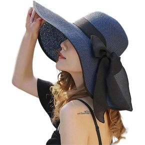 Women Beach Sun Hats, Big Wide Brim Straw Hat for Women UPF 80+ UV Protection, Summer Hats Packable Foldable