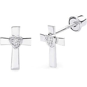14k Yellow OR White Gold Cross Heart Stud Earrings with Screw Back
