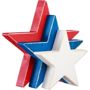 4th of July Décor Handmade Rustic Patriotic Wood Stars - Set of 3, Red, White & Blue, Double-Sided Table Signs for Independence Day Decorations (Star1)