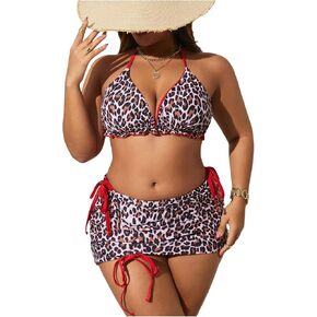 MakeMeChic Women's Plus Size 3 Piece Leopard Print Triangle Backless String Bikini Set with Ruched Cover Up Skirt
