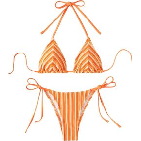 MakeMeChic Women's Halter Bikini Sets 2 Piece Striped High Waist Knot Side String Bathing Suit Swimsuits