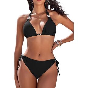 Yusongirl Womens Two Piece Bikini Set Sexy Tie Side Halter Triangle Tops String Bathing Suit Solid Color Bikini Swimsuit