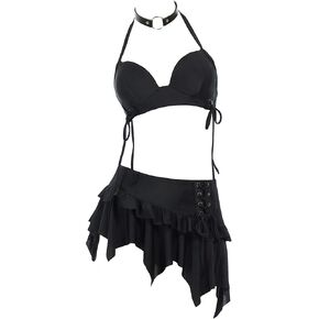 MEOWCOS Gothic Bikini Set Goth Swimsuit Halter Bathing Suit with Cute Fake Two - Piece Mini Skirt Design