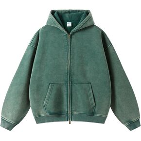Men's Vintage Acid Wash Zip Up Oversized Hoodi Cotton Heavyweight Streetwear Sweatshirt With Pocket