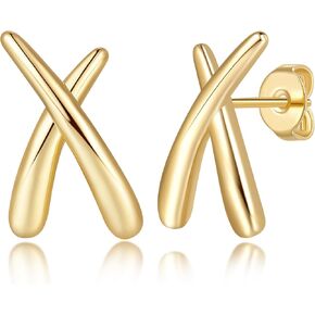 Gold Earrings for Women 14K Gold Stud Earrings Studs Unique X Geometric Design Stud Earring for Women Hypoallergenic