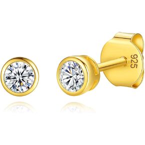 14K Gold Plated 925 Sterling Silver Cubic Zirconia Round Bezel Set Stud Earrings, 2mm to 4mm Stone