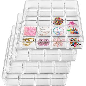 4 PCS Stackable 16 Grids Jewelry Organizer Tray, Clear Earring Display Stand Ring Storage Tray Plastic Drawer Organizer for Makeup, Accessories, Desk, Vanity