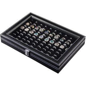 Ring Organizer,100 Slots Carbon Fiber Jewelry Displays for Selling,Jewelry Tray with Glass Lid(Black Velvet)