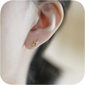 14K Plated Gold Stud Earrings for Women Cute Safety Back Studs Earrings for Piercings Cross Brass Clear Zirconia Charm Earrings Women's Small Crystal Four-Pointed Star Banquet Ear Stud Jewelry